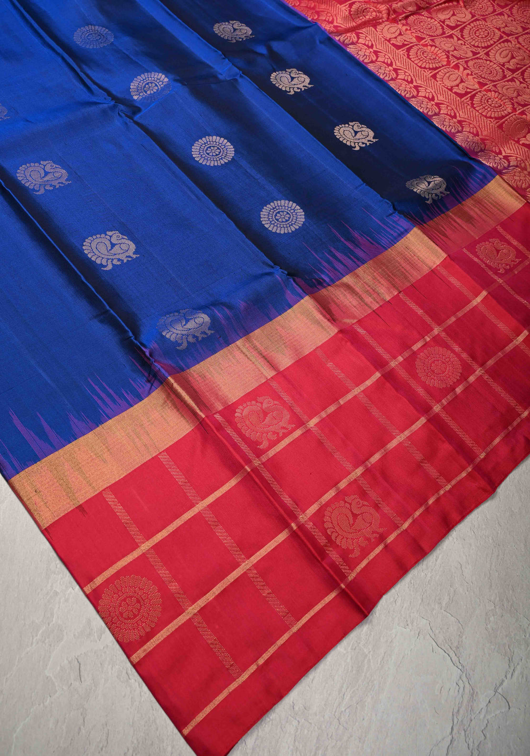 Blue Kanjivaram Soft Silk Saree with Peacock Buttas and Contrast Zari Checks Border | SILK MARK CERTIFIED