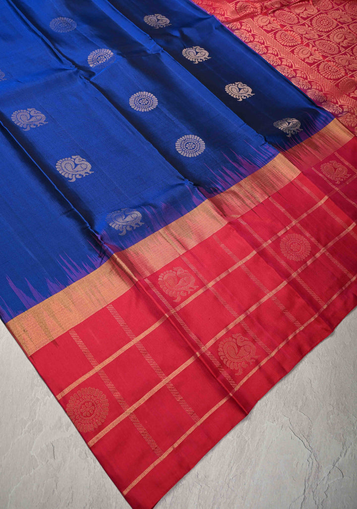 Blue Kanjivaram Soft Silk Saree with Peacock Buttas and Contrast Zari Checks Border | SILK MARK CERTIFIED