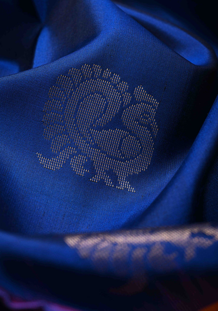 Blue Kanjivaram Soft Silk Saree with Peacock Buttas and Contrast Zari Checks Border | SILK MARK CERTIFIED