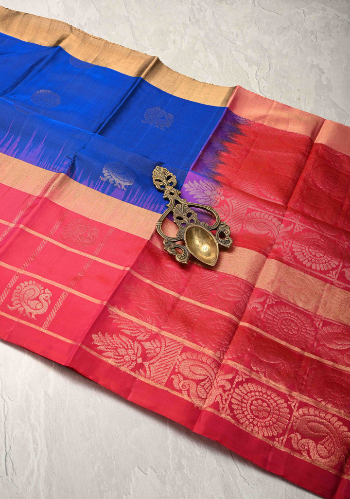 Blue Kanjivaram Soft Silk Saree with Peacock Buttas and Contrast Zari Checks Border | SILK MARK CERTIFIED