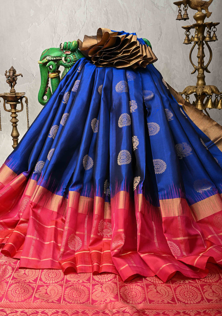 Blue Kanjivaram Soft Silk Saree with Peacock Buttas and Contrast Zari Checks Border | SILK MARK CERTIFIED