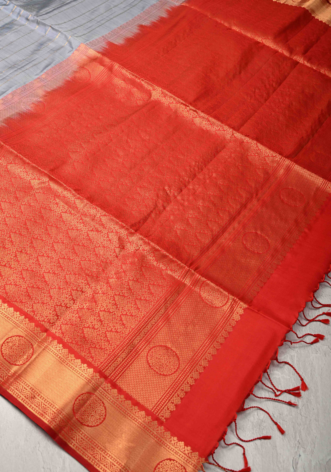 Gray Zari Stripes on Kanjivaram Soft Silk Saree with Gold-Silver Buttas and Zari Border | SILK MARK CERTIFIED