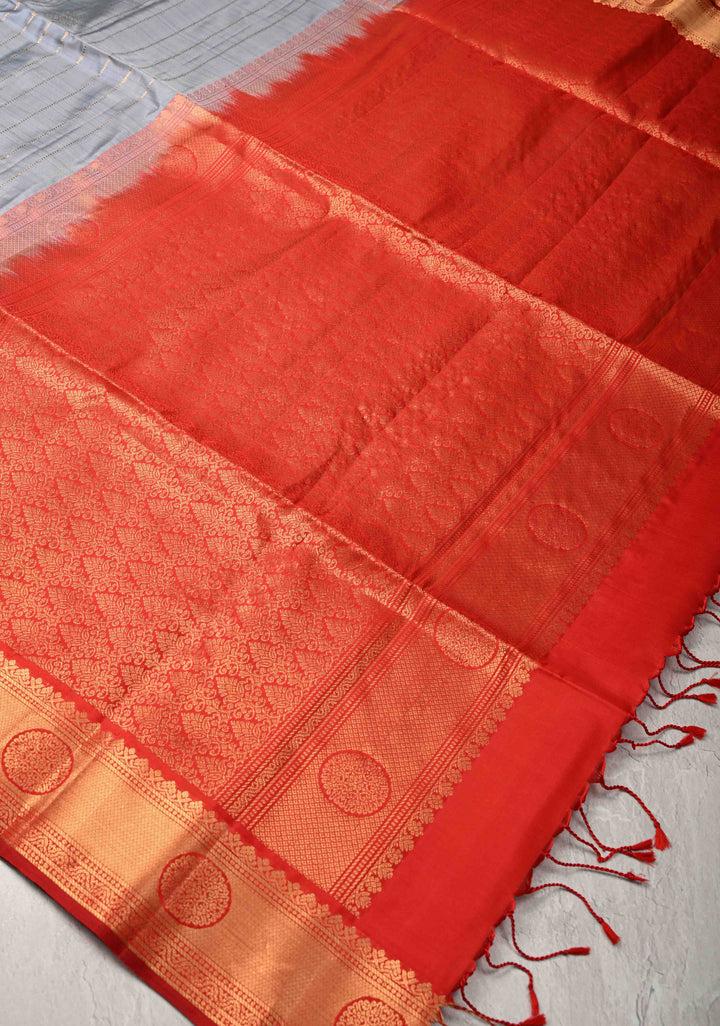 Gray Zari Stripes on Kanjivaram Soft Silk Saree with Gold-Silver Buttas and Zari Border | SILK MARK CERTIFIED