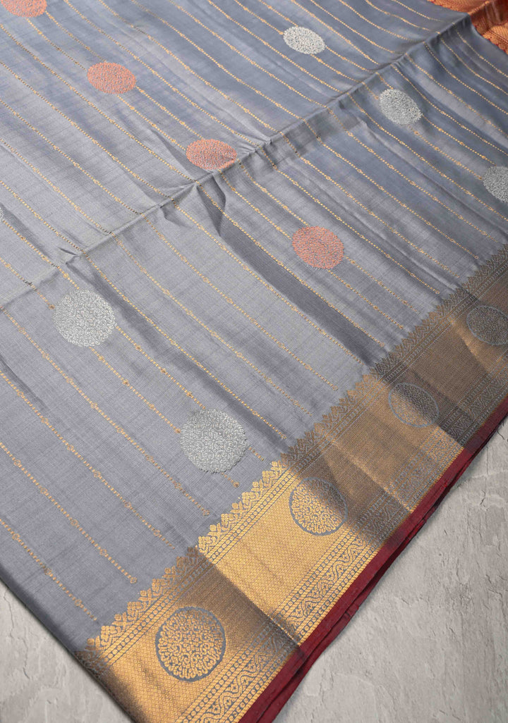 Gray Zari Stripes on Kanjivaram Soft Silk Saree with Gold-Silver Buttas and Zari Border | SILK MARK CERTIFIED