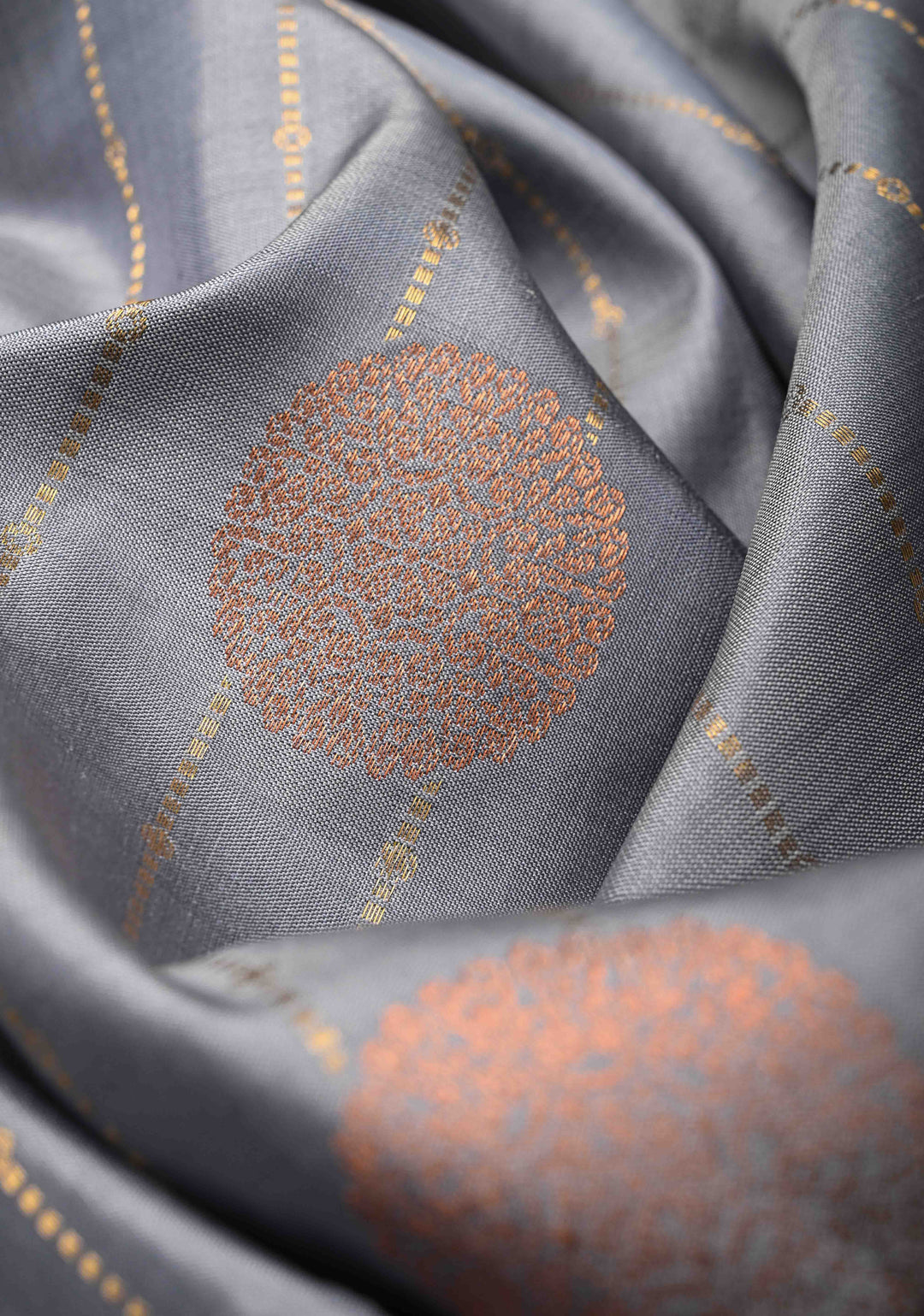 Gray Zari Stripes on Kanjivaram Soft Silk Saree with Gold-Silver Buttas and Zari Border | SILK MARK CERTIFIED