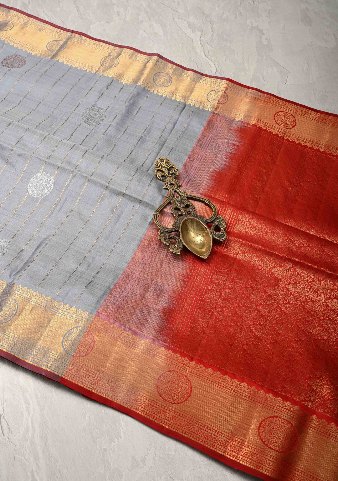 Gray Zari Stripes on Kanjivaram Soft Silk Saree with Gold-Silver Buttas and Zari Border | SILK MARK CERTIFIED