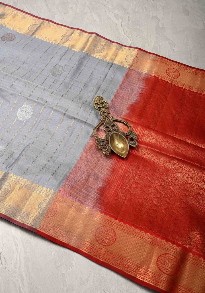 Gray Zari Stripes on Kanjivaram Soft Silk Saree with Gold-Silver Buttas and Zari Border | SILK MARK CERTIFIED