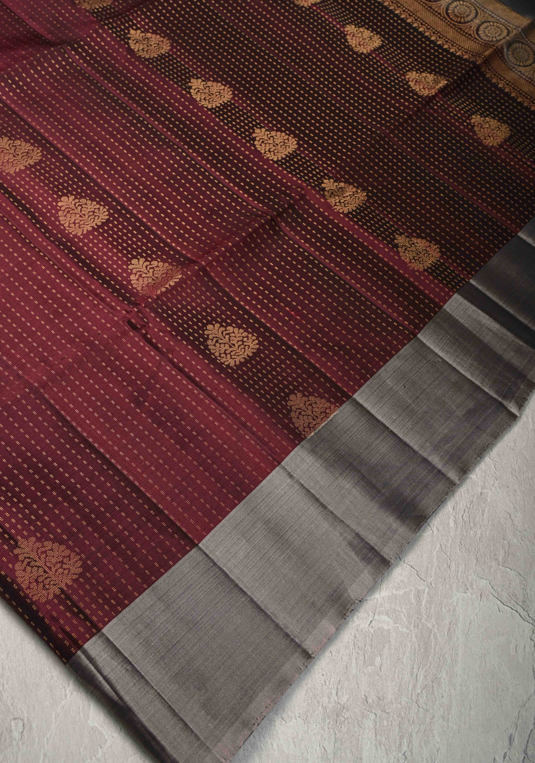 Kanchana Pin Zari Stripes on Kanjivaram Soft Silk Saree with Zari Buttas and Contrast Border | SILK MARK CERTIFIED