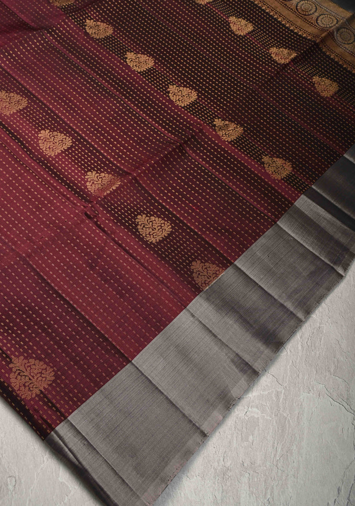 Kanchana Pin Zari Stripes on Kanjivaram Soft Silk Saree with Zari Buttas and Contrast Border | SILK MARK CERTIFIED