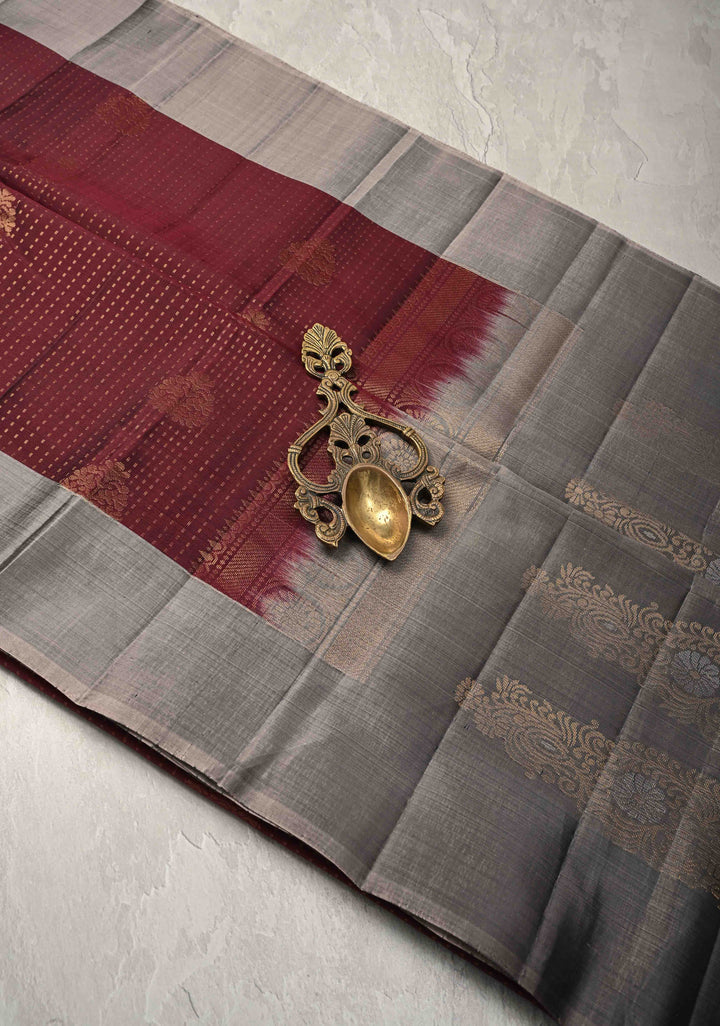 Kanchana Pin Zari Stripes on Kanjivaram Soft Silk Saree with Zari Buttas and Contrast Border | SILK MARK CERTIFIED