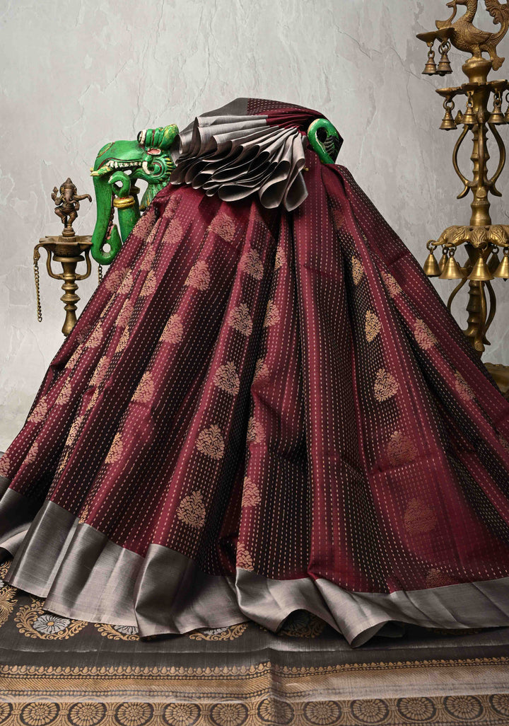 Kanchana Pin Zari Stripes on Kanjivaram Soft Silk Saree with Zari Buttas and Contrast Border | SILK MARK CERTIFIED