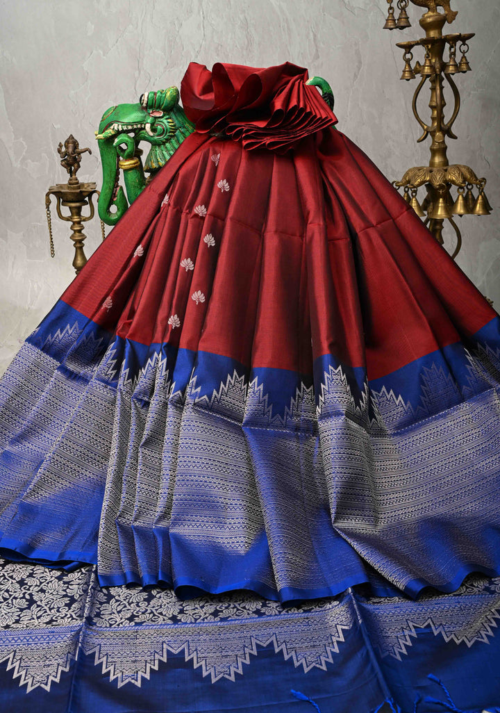 Maroon Kanjivaram Soft Silk Saree with Zari Buttas and Half Contrast Temple Zari Border | SILK MARK CERTIFIED