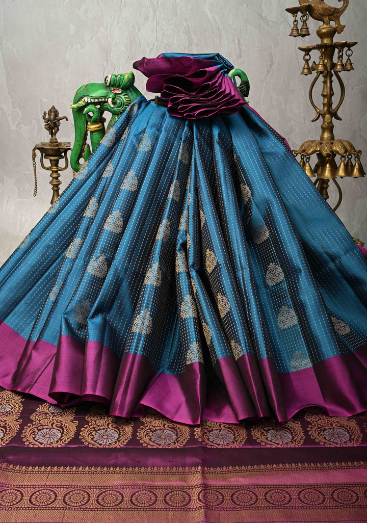 Teal Blue Kanjivaram Soft Silk Saree with Zari Buttas and Contrast Zari Border | SILK MARK CERTIFIED