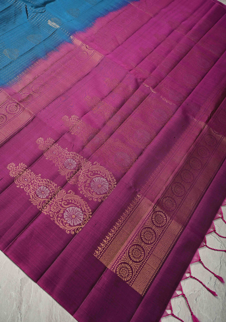 Teal Blue Kanjivaram Soft Silk Saree with Zari Buttas and Contrast Zari Border | SILK MARK CERTIFIED
