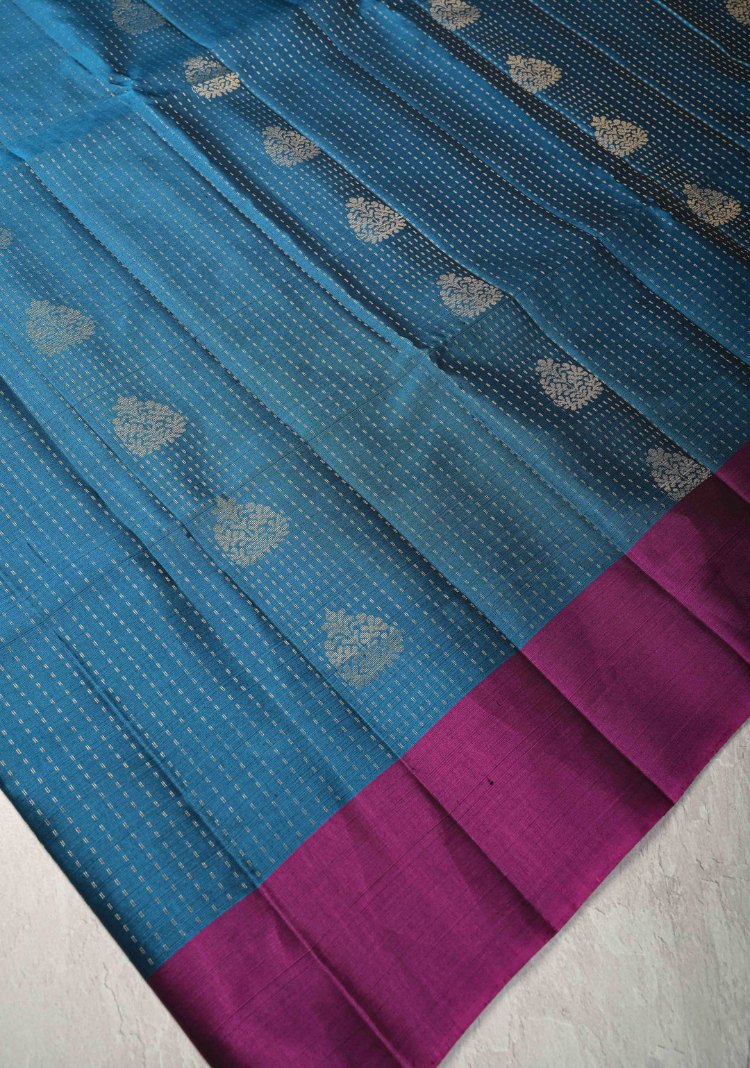 Teal Blue Kanjivaram Soft Silk Saree with Zari Buttas and Contrast Zari Border | SILK MARK CERTIFIED