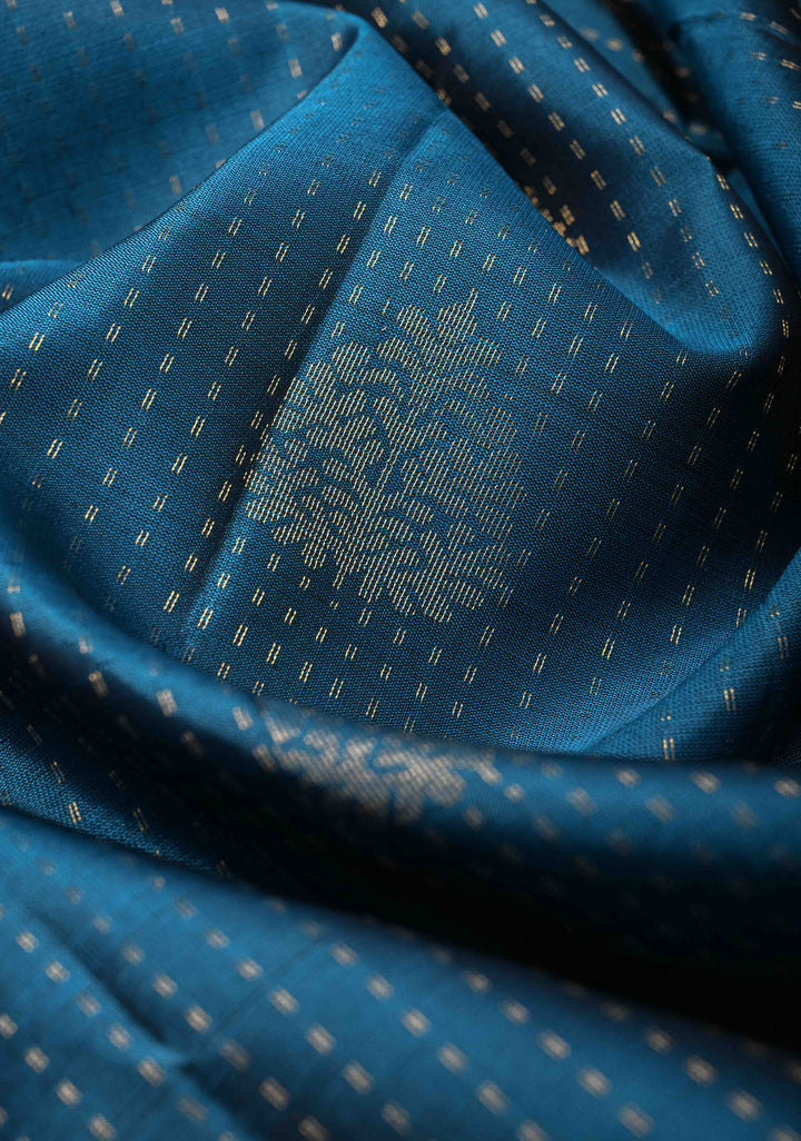 Teal Blue Kanjivaram Soft Silk Saree with Zari Buttas and Contrast Zari Border | SILK MARK CERTIFIED