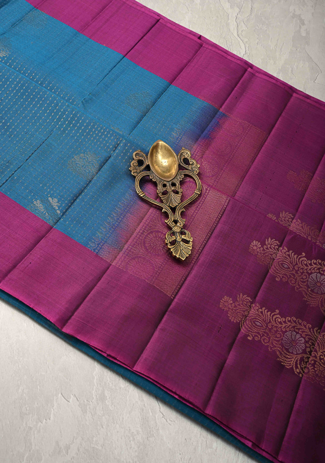Teal Blue Kanjivaram Soft Silk Saree with Zari Buttas and Contrast Zari Border | SILK MARK CERTIFIED