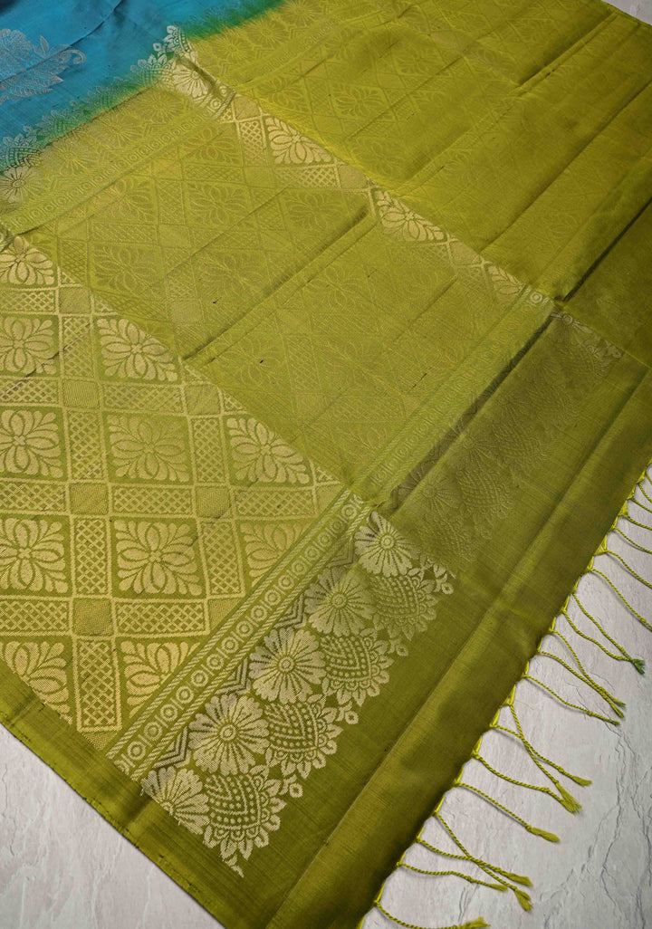 Peacock Blue Kanjivaram Soft Silk Saree with Zari Buttas and Contrast Zari Border | SILK MARK CERTIFIED