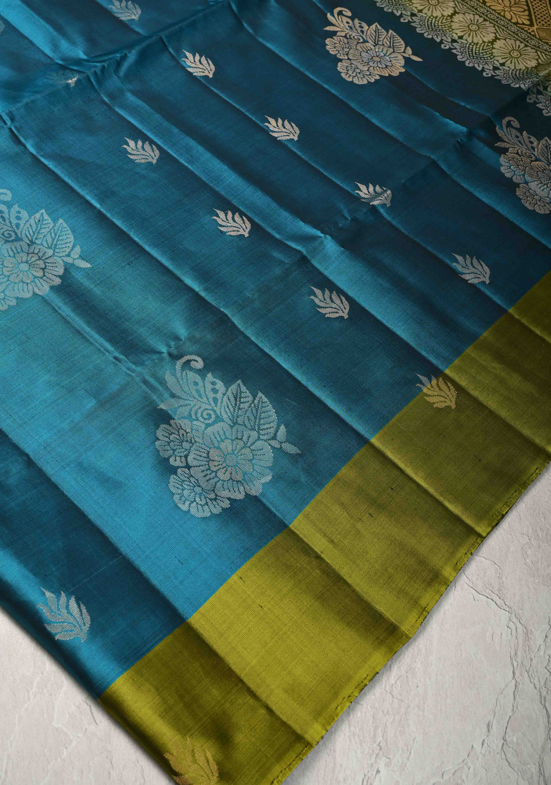 Peacock Blue Kanjivaram Soft Silk Saree with Zari Buttas and Contrast Zari Border | SILK MARK CERTIFIED