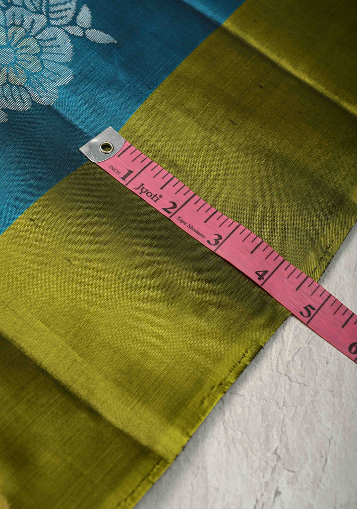 Peacock Blue Kanjivaram Soft Silk Saree with Zari Buttas and Contrast Zari Border | SILK MARK CERTIFIED