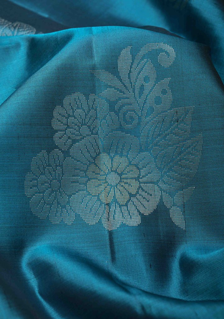 Peacock Blue Kanjivaram Soft Silk Saree with Zari Buttas and Contrast Zari Border | SILK MARK CERTIFIED