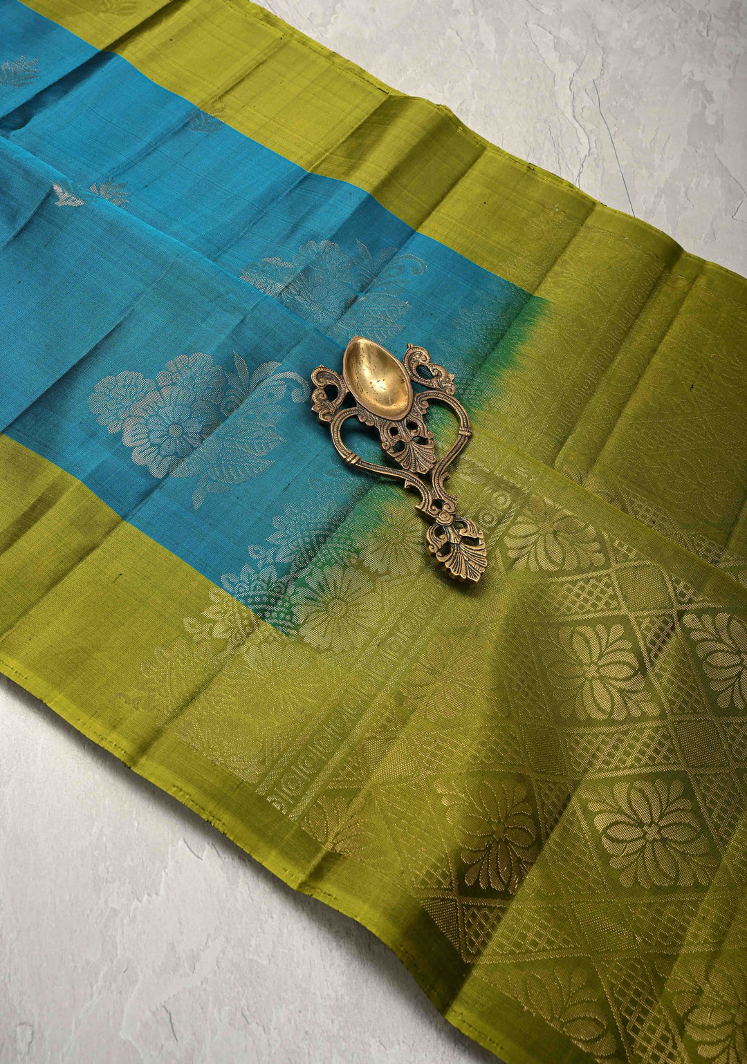 Peacock Blue Kanjivaram Soft Silk Saree with Zari Buttas and Contrast Zari Border | SILK MARK CERTIFIED