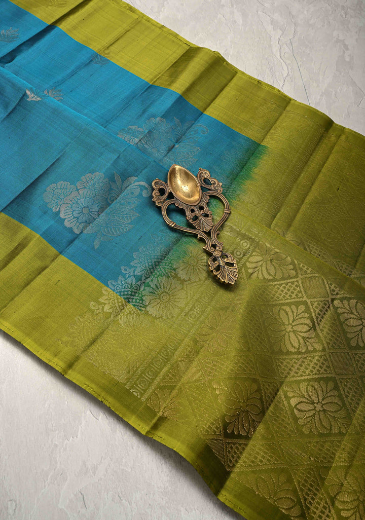 Peacock Blue Kanjivaram Soft Silk Saree with Zari Buttas and Contrast Zari Border | SILK MARK CERTIFIED