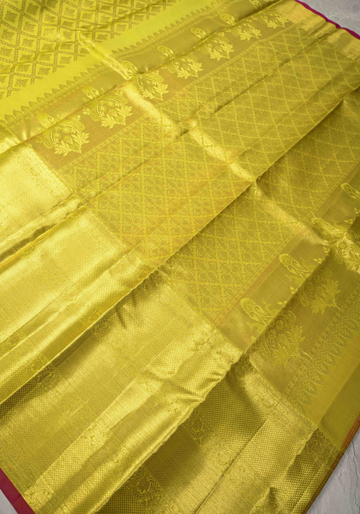 Chartreuse Brocade Kanjivaram Soft Silk Saree with Wide Zari Border | SILK MARK CERTIFIED