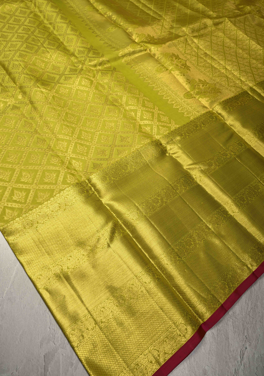 Chartreuse Brocade Kanjivaram Soft Silk Saree with Wide Zari Border | SILK MARK CERTIFIED