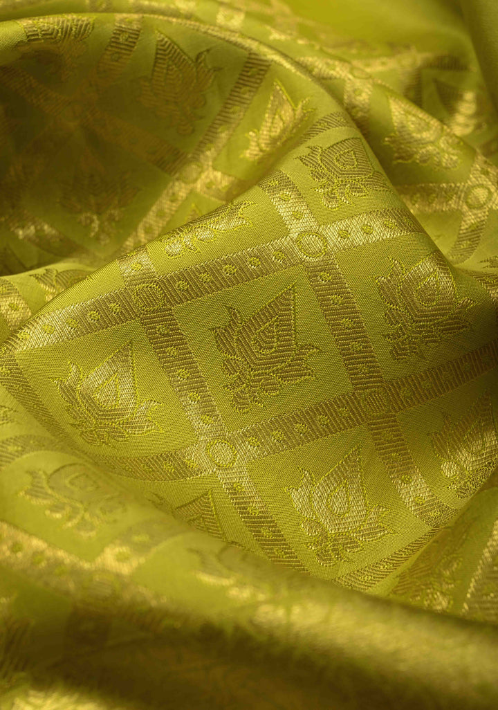 Chartreuse Brocade Kanjivaram Soft Silk Saree with Wide Zari Border | SILK MARK CERTIFIED
