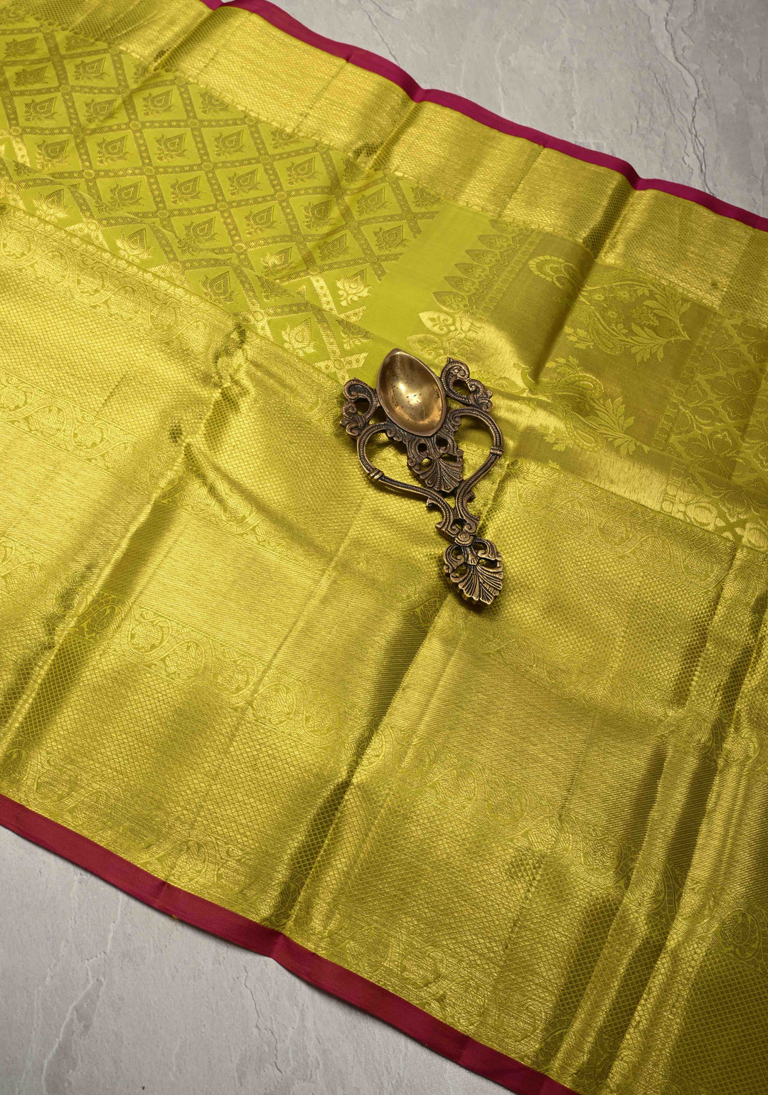 Chartreuse Brocade Kanjivaram Soft Silk Saree with Wide Zari Border | SILK MARK CERTIFIED