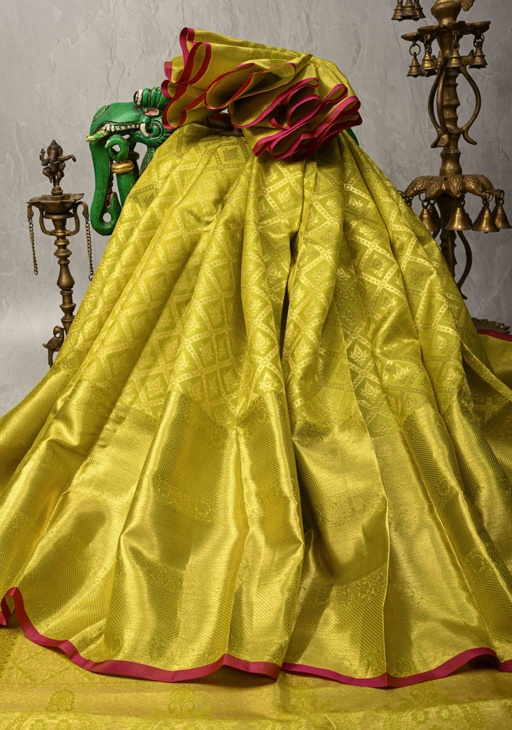 Chartreuse Brocade Kanjivaram Soft Silk Saree with Wide Zari Border | SILK MARK CERTIFIED