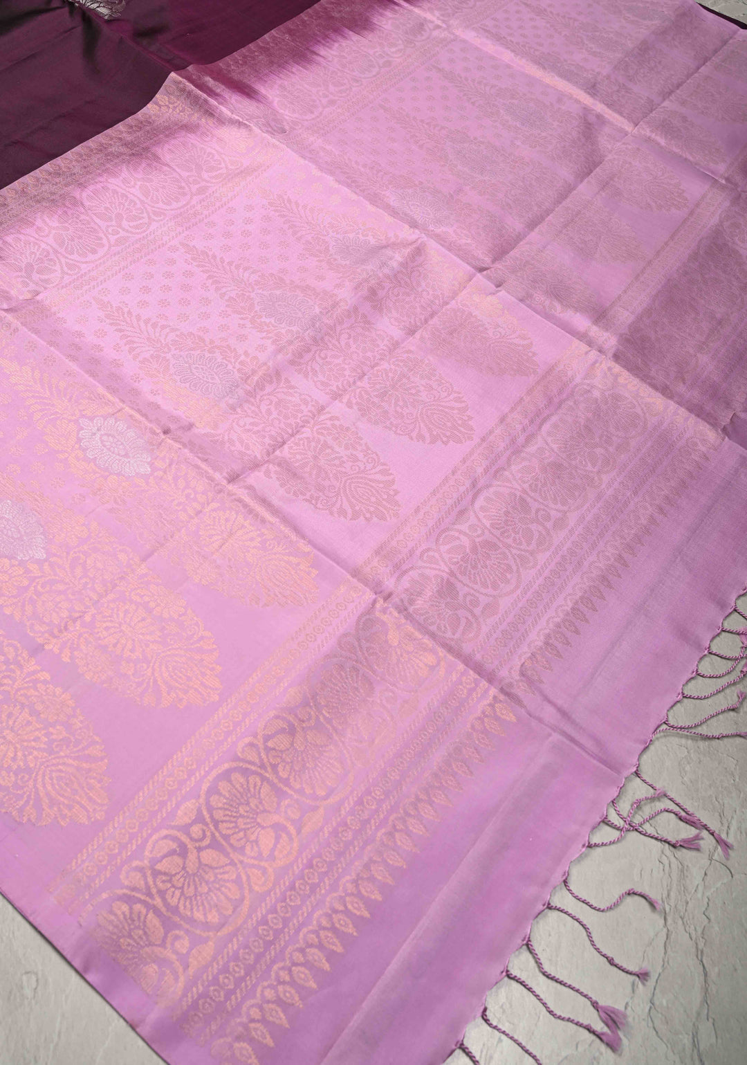 Plum Borderless Kanjivaram Soft Silk Saree with Gold-Silver Buttas and Contrast Pallu | SILK MARK CERTIFIED