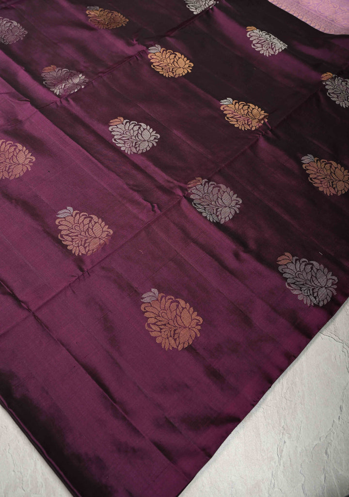 Plum Borderless Kanjivaram Soft Silk Saree with Gold-Silver Buttas and Contrast Pallu | SILK MARK CERTIFIED