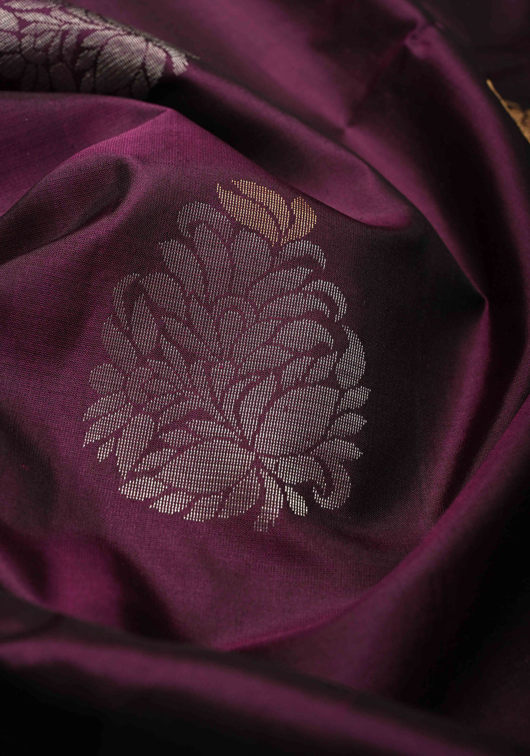 Plum Borderless Kanjivaram Soft Silk Saree with Gold-Silver Buttas and Contrast Pallu | SILK MARK CERTIFIED