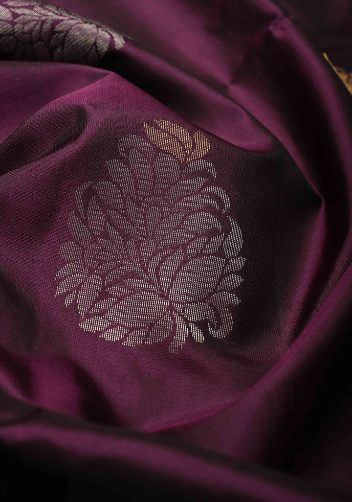 Plum Borderless Kanjivaram Soft Silk Saree with Gold-Silver Buttas and Contrast Pallu | SILK MARK CERTIFIED
