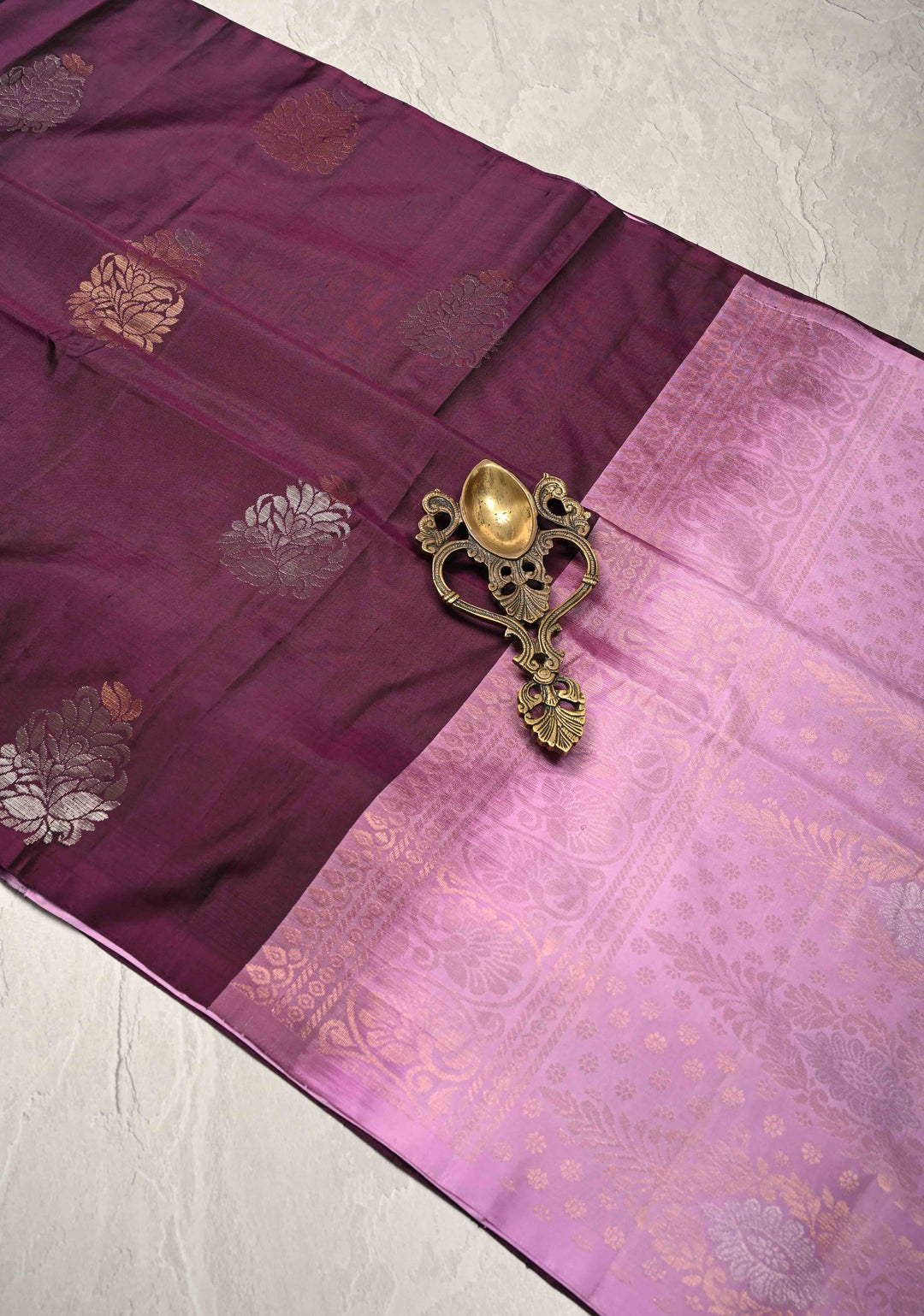 Plum Borderless Kanjivaram Soft Silk Saree with Gold-Silver Buttas and Contrast Pallu | SILK MARK CERTIFIED