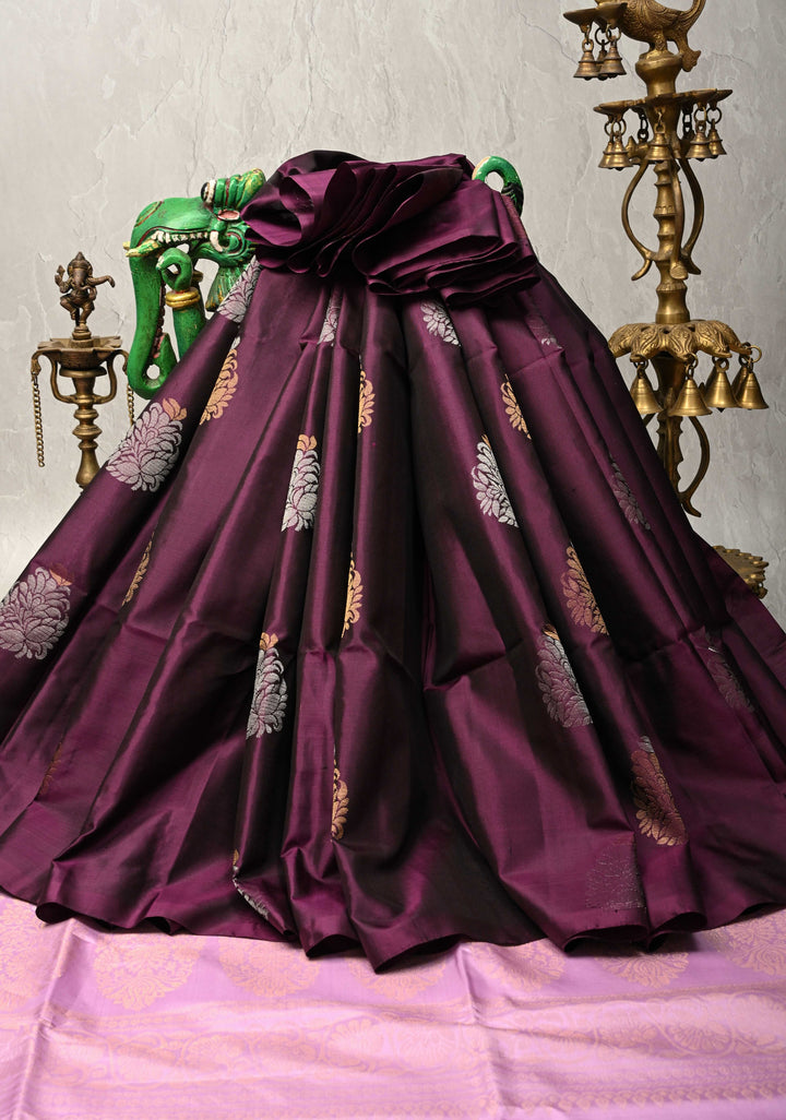 Plum Borderless Kanjivaram Soft Silk Saree with Gold-Silver Buttas and Contrast Pallu | SILK MARK CERTIFIED