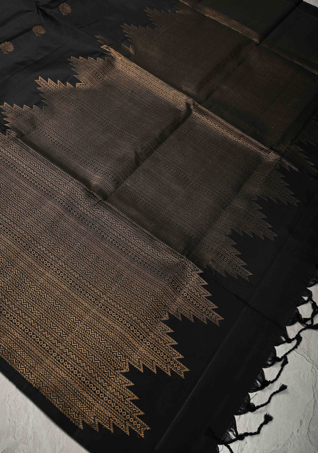 Black Kanjivaram Soft Silk Saree with Floral Buttas and Temple Zari Border | SILK MARK CERTIFIED
