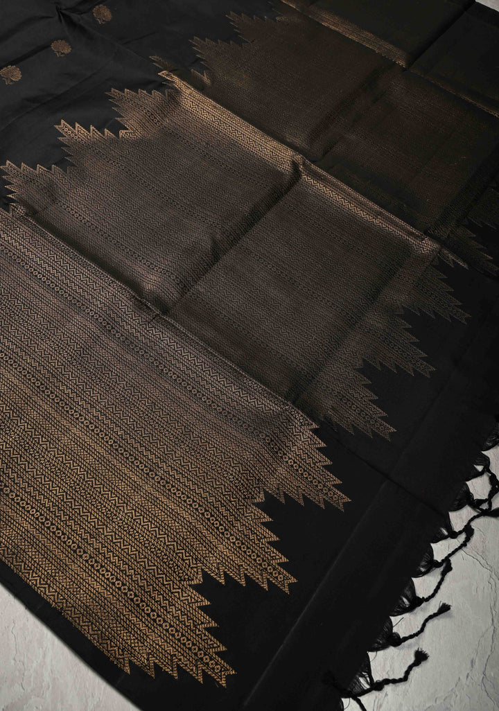 Black Kanjivaram Soft Silk Saree with Floral Buttas and Temple Zari Border | SILK MARK CERTIFIED
