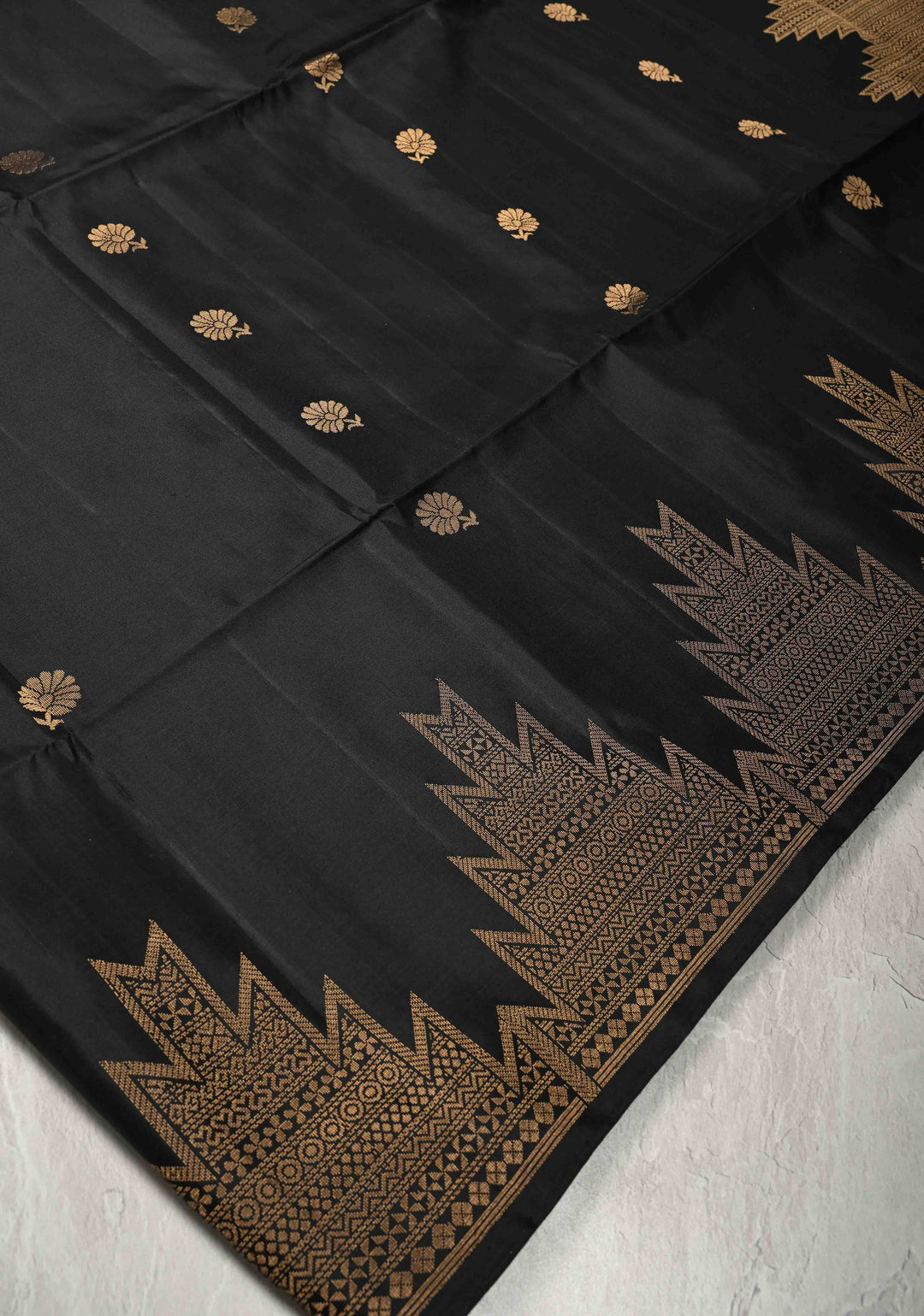 Black Kanjivaram Soft Silk Saree with Floral Buttas and Temple Zari Border | SILK MARK CERTIFIED