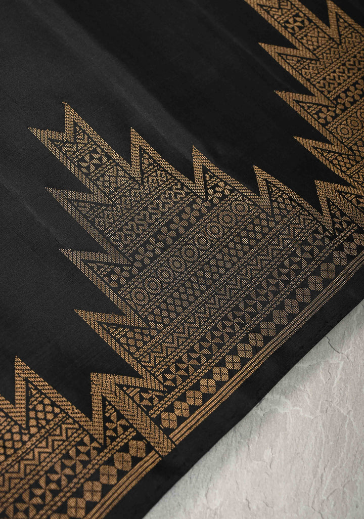 Black Kanjivaram Soft Silk Saree with Floral Buttas and Temple Zari Border | SILK MARK CERTIFIED