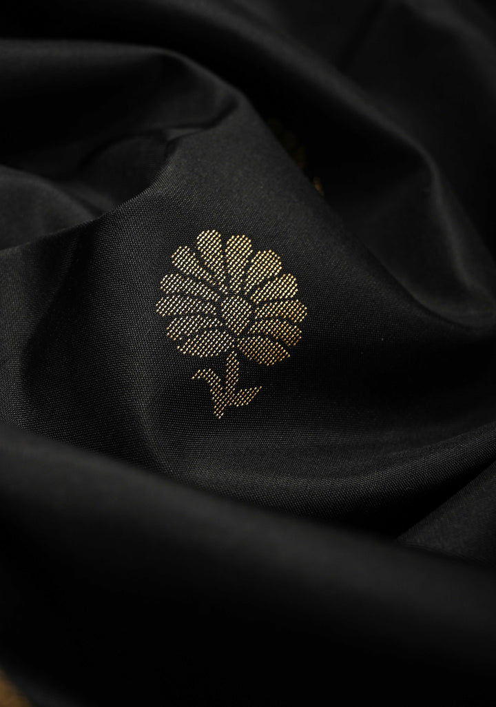 Black Kanjivaram Soft Silk Saree with Floral Buttas and Temple Zari Border | SILK MARK CERTIFIED
