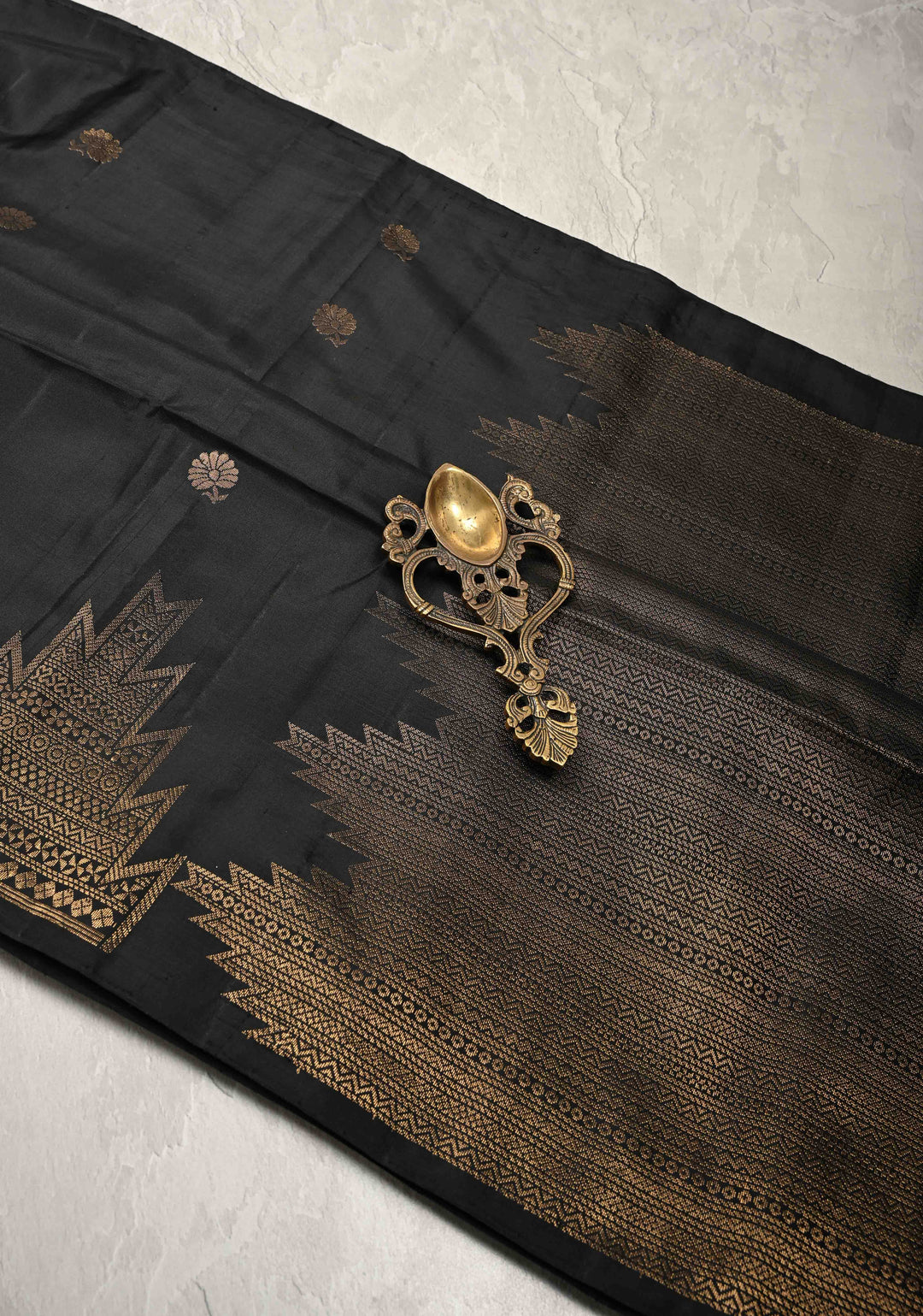 Black Kanjivaram Soft Silk Saree with Floral Buttas and Temple Zari Border | SILK MARK CERTIFIED
