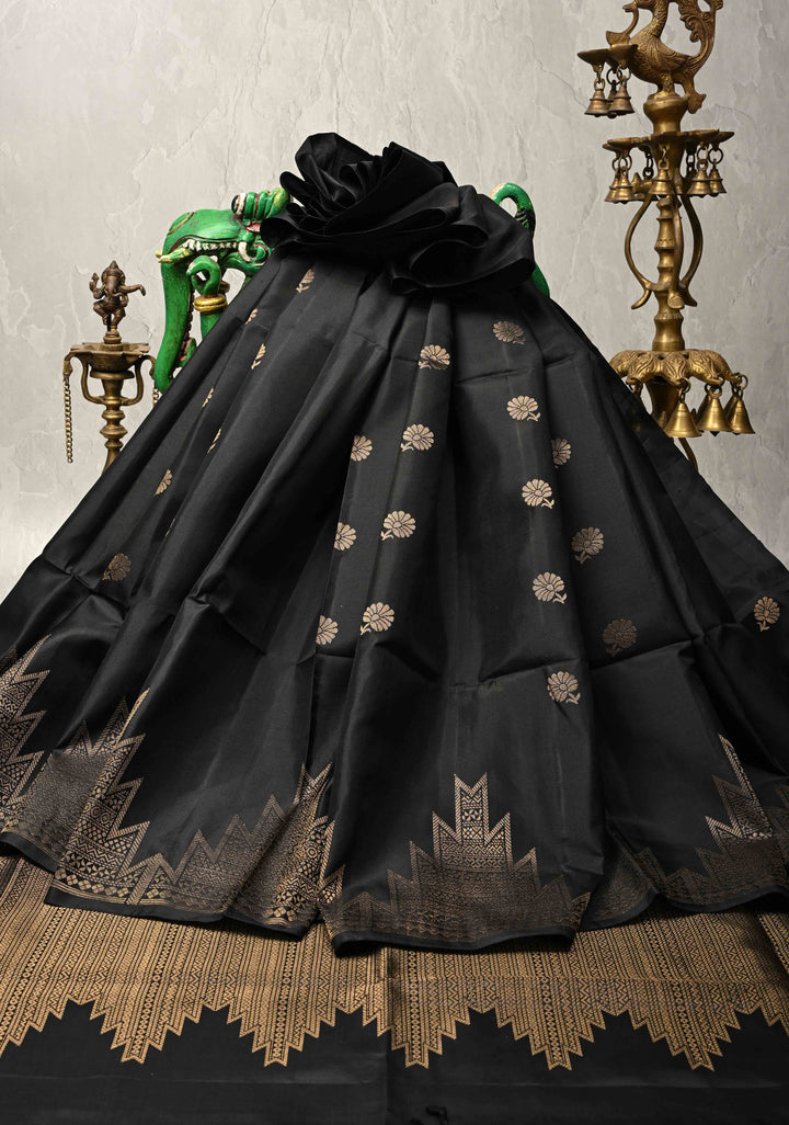 Black Kanjivaram Soft Silk Saree with Floral Buttas and Temple Zari Border | SILK MARK CERTIFIED