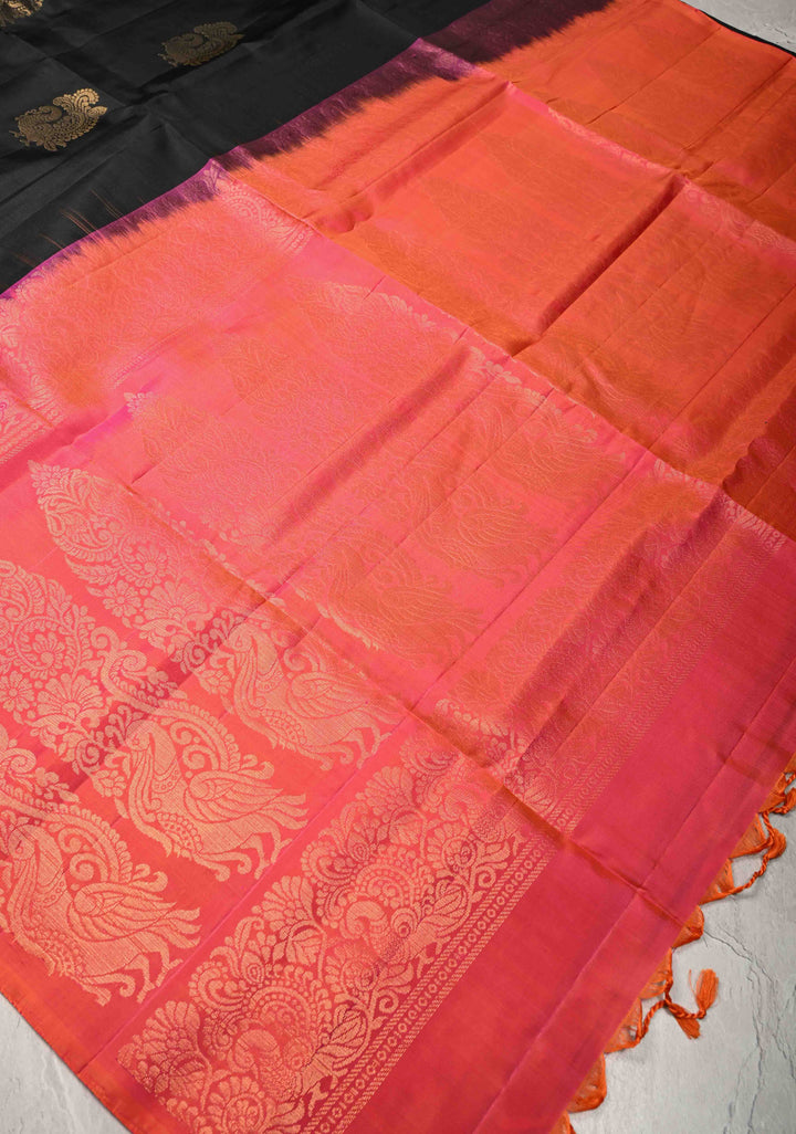Black Borderless Kanjivaram Soft Silk Saree with Peacock Buttas and Contrast Pallu | SILK MARK CERTIFIED
