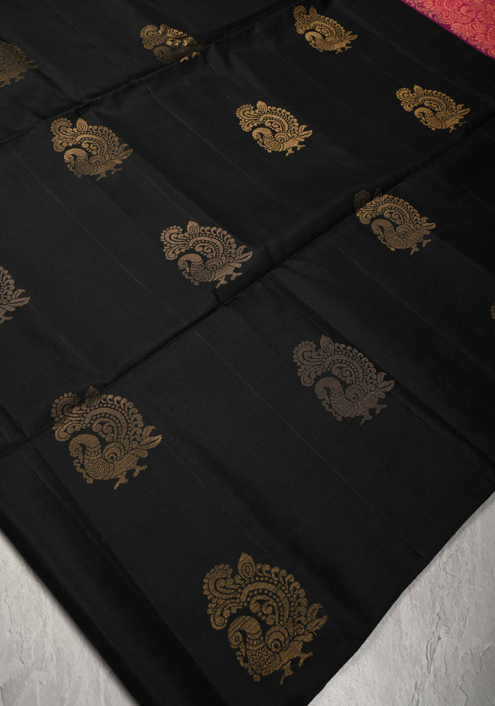 Black Borderless Kanjivaram Soft Silk Saree with Peacock Buttas and Contrast Pallu | SILK MARK CERTIFIED