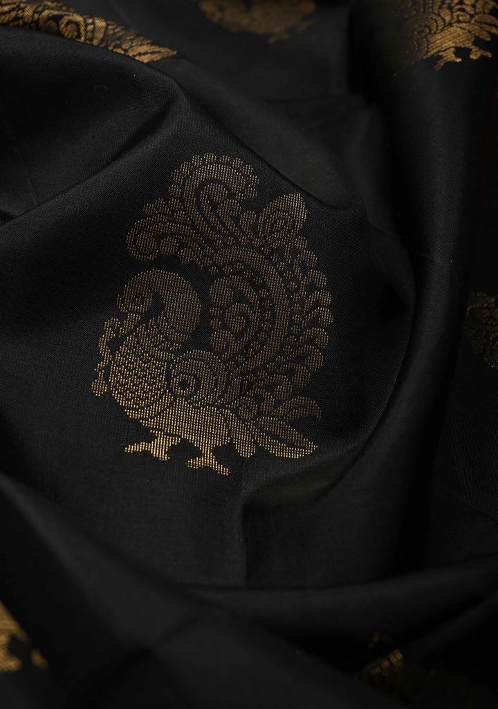 Black Borderless Kanjivaram Soft Silk Saree with Peacock Buttas and Contrast Pallu | SILK MARK CERTIFIED