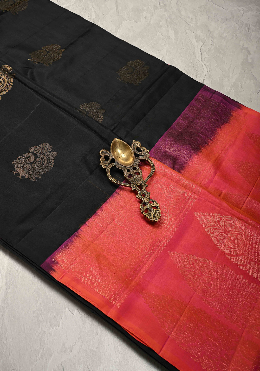 Black Borderless Kanjivaram Soft Silk Saree with Peacock Buttas and Contrast Pallu | SILK MARK CERTIFIED