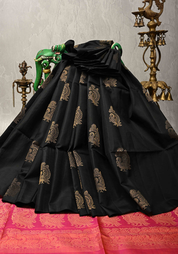 Black Borderless Kanjivaram Soft Silk Saree with Peacock Buttas and Contrast Pallu | SILK MARK CERTIFIED
